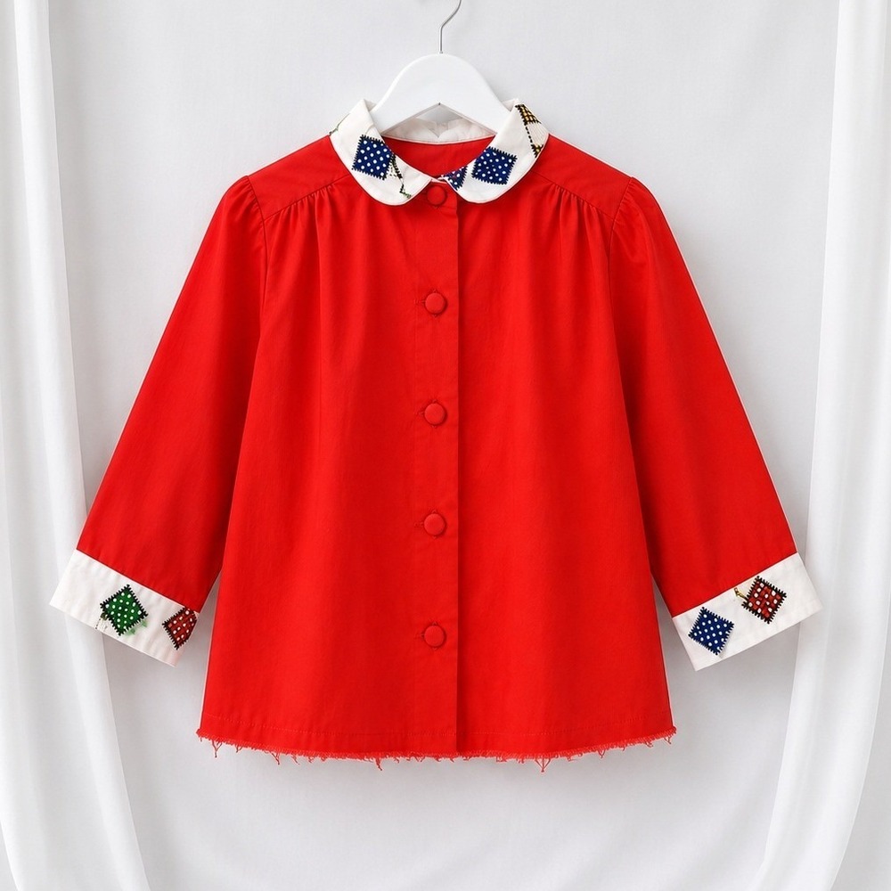 VTG 1950s 1960s Girls Red Blouse‎ M Embroidered Patchwork Collar Long Sleeve Top